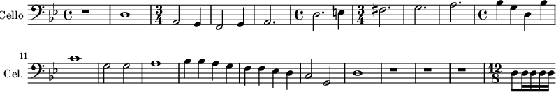 
\new Staff \with {
  midiInstrument = "cello"
  shortInstrumentName = #"Cel. "
  instrumentName = #"Cello "
  } {
  \clef bass \relative c {  
   \time 4/4 \key bes \major 
        r1 d1
   \time 3/4
        a2 g4
        f2 g4
        a2.
   \time 4/4
    d2. e4
   \time 3/4  fis2. g2. a2.
  \time 4/4
       bes4 g4 d4 bes'4
       c1  g2 g2 a1
       bes4 bes a g
       f4 f ees d
       c2 g2
           d'1    
      r1 r1 r1
      \time 12/8  
      d8 d16 d16 d16 d16      
  }
}
