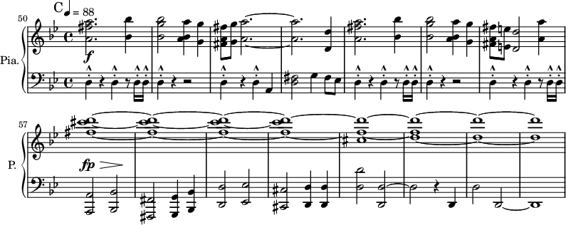 
\new PianoStaff \with { 
       instrumentName = #"Pia." 
       shortInstrumentName = #"P. "
       } 
 <<
     \new Staff \relative c''{ 
      \set Score.currentBarNumber = #50
        \time 4/4 \key bes \major   \tempo 4 = 88
      \bar "||" \mark C
       <a fis' a>2. <bes bes'>4
      <bes g' bes>2 <a bes a'>4 <g g'>4
      <fis a fis'>8 <g g'>8 <a a'>2.~
      <a a'>2. <d, d'>4
      <a' fis' a>2. <bes bes'>4
      <bes g' bes>2 <a bes a'>4 <g g'>4
      <fis a fis'>8 <e e'> <d d'>2 <a' a'>4
      <fis' cis' d>1~
      <fis cis' d>1~
      <fis cis' d>1~
      <fis cis' d>1~
      <cis fis d'>1~
      <d fis d'>1~ 
      <d d'>1~
     <d d'>1
       }

 \new Dynamics = "Dynamics_pf" 
       {
        s1 \f s1
        s1 s s s s
        s4 \fp \> s s s \! 
       }

      \new Staff \relative c { 
        \clef bass
       \time 4/4 \key bes \major 
        d4 ^.^^ r4  d4 ^.^^ r8 d16 ^.^^  d16 ^.^^
        d4 ^.^^ r4 r2
       d4 ^.^^ r4        d4 ^.^^ a4 
       <d fis>2 g4 fis8 ees
       d4 ^.^^ r4  d4 ^.^^ r8 d16 ^.^^  d16 ^.^^
        d4 ^.^^ r4 r2
      d4 ^.^^ r4  d4 ^.^^ r8 d16 ^.^^  d16 ^.^^
       <a, a'>2 <bes bes'>2
       <fis fis'>2 <g g'>4 <bes bes'>4
      <d d'>2 <ees ees'>2
       <cis cis'>2 <d d'>4 <d d'>
       <d' d'>2 <d, d'>2~
      d'2 r4 d,4
      d'2 d,2~
      d1

       }
>>
