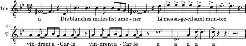 
\new Staff \with {
  midiInstrument = "trumpet"
  shortInstrumentName = #"T "
  instrumentName = #"Tén."
  } {
  \relative c {  
   \clef "treble_8"
    \time 12/8 \key bes \major
    \set Score.currentBarNumber = #47
        fis2.~ fis4. r4 d8
         bes'4. bes4. bes4 bes8 bes8 a g
      fis2.~ fis4. r4 d'8
      ees4^>  ees4^> ees4^>  ees4^> d4^> c4^>
     d2.~ d4. r4.
     a4 a8~ a8 bes g a4 a8~ a4 r8
     a4 a8~ a8 bes g a4 a8~ a4 r8
     d1.
     d,2. a'4 d8~ d4.
     d8^> r4 r4. r2.
  }  }
 \addlyrics { 
            a
    Dis blan -- ches  mu -- les fist a -- me -- ner
      Li mes  -- sa  --   ge -- cil -- sunt    mun  -- tez
      vin -- drent a -  Car -- le   vin -- drent a -  Car -- le
      a a a a a
            }
