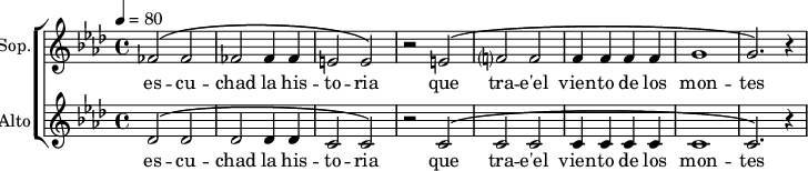 
\new ChoirStaff <<
\new Staff \with {
  midiInstrument = "choir aahs"
  instrumentName = #"Sop."
  shortInstrumentName = #"S"
  } {
  \relative c' {  
   \tempo 4=80
   \time 4/4 \key aes \major 
   \set Score.currentBarNumber = #52
   fes2 ^\( fes2
   fes2 fes4 fes4
   e2 e2 ^\)
   r2 e2 ^\(
   f?2 f2
   f4 f f f
   g1
   g2. ^\) r4
  }}
\addlyrics {
  es -- cu -- chad la  his -- to -- ria
  que tra -- e'el vien -- to de los mon -- tes
 }

\new Staff \with {
  midiInstrument = "choir aahs"
  instrumentName = #"Alto"
  shortInstrumentName = #"A "
  } {
  \relative c' {  
   \tempo 4=80
   \time 4/4 \key aes \major 
   \set Score.currentBarNumber = #52
   des2 ^\( des2
   des2 des4 des4
   c2 c2 ^\)
   r2 c2 ^\(
   c2 c2
   c4 c c c
   c1
   c2. ^\) r4
  }}
\addlyrics {
  es -- cu -- chad la  his -- to -- ria
  que tra -- e'el vien -- to de los mon -- tes
 }
>>
