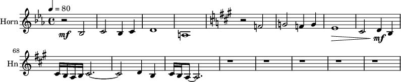 
\new Staff \with {
  instrumentName = "Horn"
  shortInstrumentName = #"Hn"
  midiInstrument = "french horn"
 }
 \relative c' {
   \tempo 4=80
  \time 4/4 \key ees \major 
 \transposition f
    \set Score.currentBarNumber = #60
  r2 \mf  bes
  c2 bes4 c4
  d1
  a1

  \key a \major 
  r2 f'
  g2 f4 g
  e1 \>
  cis2  d4 \!  \mf b
  cis16 b a b cis2.~
  cis2 d4 b
  cis16 b  a8~a2.
  r1 r r r r

 } 
