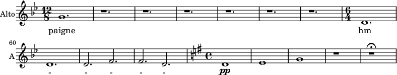 
\new Staff \with {
  midiInstrument = "choir aahs"
  shortInstrumentName = #"A"
  instrumentName = #"Alto"
  } {
  \relative c'' {  
   \time 12/8 \key bes \major 
    \set Score.currentBarNumber = #52
      g1.
      r1. r r r r r
      \time 6/4  
    d1.
    d1.
    d2. f2.
   f2. d2.
  \key g \major \time 4/4
   d1 \pp
   e1
   g1
     r1 r  \fermata
  }  }
 \addlyrics { 
             paigne
             hm - - - - -
            }
