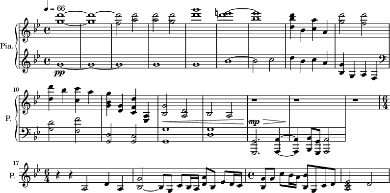 
\new PianoStaff \with { 
       instrumentName = #"Pia." 
       shortInstrumentName = #"P. "
       } 
 <<
      \new Staff \relative c'' { 
        \time 4/4 \key bes \major 
 \tempo 4 = 66
         <g' d'>1~ <g d'>1~ 
         <f d'>2 <a d>2
         <a d>2 <g d'>2
         <d' g>1
         <d e>1~
         <bes e>  
         <d, bes' d>4 bes <c a'> a
         <g' d'>2 <f d'>
         <d d'>4 bes' <c, c'> a'
         <g, bes g'>4 <d g> <c f d'> <a ees>
         <bes g'>2 <a d>
         <bes>2 a
         r1 r r
    \time 6/4
         r4 r a2 d4 a
         <bes g'>2~ bes8 g c8 bes16 a <d a'>8 bes ees8 d16 c
    \time 4/4
          <bes g'>8 g' c8 bes16 a <bes, bes'>8 g c d
          <a c ees>2 d2
}

 \new Dynamics = "Dynamics_pf" 
       {
         \time 4/4
           s1 
           s1 s s s s   s s s s s 
           s1 \< 
           s1
           s4 \! \mp \> s2.
           s1 \!
           s1
       }

  \new Staff \relative c'' { 
       \time 4/4 \key bes \major
       g1~ \pp
       g1~ 
       g1 
       g 
       g

       bes1~
       bes2 c
         d4 bes4 c a
         <bes, g'>4 g a f
      \clef bass
        <g d'>2  <f f'>
      <g, d'>2 <g c>  
      <g g'>1
      <d' g>
      <g,, g'>2. <a a'>4~ 
      <a a'>4 <bes bes'>8 <g g'> <a a'>2 
}
>>
