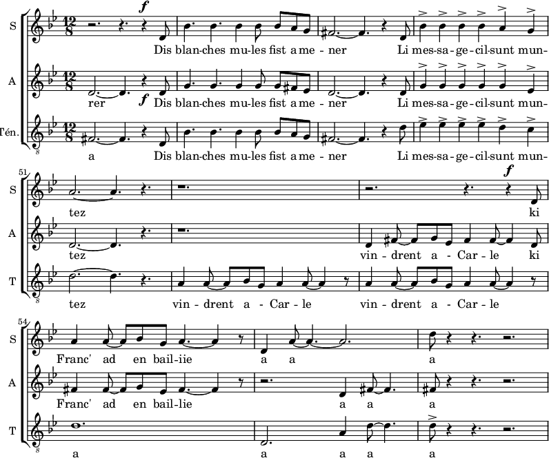 
<<
\new ChoirStaff <<
\new Staff \with {
  midiInstrument = #"Flute"
  instrumentName = #"S "
  shortInstrumentName = #"S "
  } {
  \relative c' {  
   \time 12/8 \key bes \major 
   \set Score.currentBarNumber = #47
      r2. r4. r4 ^\f d8 
      bes'4. bes4. bes4 bes8 bes8 a g
      fis2.~ fis4. r4 d8
      bes'4^> bes4^> bes4^> bes4^> a4^> g4^>
      a2.~ a4. r4.
      r1.
      r2. r4. r4 ^\f d,8
      a'4 a8~ a8 bes8 g8 a4.~ a4 r8
       d,4  a'8~ a4.~ a2.
      d8 r4 r4. r2.
  }  }
 \addlyrics { 
      Dis blan -- ches mu -- les fist a -- me -- ner
      Li mes  -- sa  --   ge -- cil -- sunt    mun  -- tez
      ki Franc' ad en bail -- iie
     a a a
            }

\new Staff \with {
  midiInstrument = #"Flute"
  instrumentName = #"A "
  shortInstrumentName = #"A "
  } {
  \relative c' {  
   \time 12/8 \key bes \major 
   \set Score.currentBarNumber = #47
      d2.~ d4. r4 \f d8 
      g4. g4. g4 g8 g8 fis ees
      d2.~ d4. r4 d8
      g4^> g4^> g4^> g4^> g4^> ees4^>
      d2.~ d4. r4.
      r1.
      d4 fis8~ fis g ees fis4 fis8~ fis4 d8
      fis4 fis8~fis g ees fis4.~ fis4 r8
      r2. d4 fis8~ fis4.
      fis8 r4 r4. r2.
  }  }
 \addlyrics { 
     rer
      Dis blan -- ches  mu -- les fist a -- me -- ner
      Li mes  -- sa  --   ge -- cil -- sunt    mun  -- tez
      vin -- drent a -  Car -- le ki Franc' ad en bail -- lie 
     a a a
            }
\new Staff \with {
  midiInstrument = "trumpet"
  shortInstrumentName = #"T "
  instrumentName = #"Tén."
  } {
  \relative c {  
   \clef "treble_8"
    \time 12/8 \key bes \major
    \set Score.currentBarNumber = #47
        fis2.~ fis4. r4 d8
         bes'4. bes4. bes4 bes8 bes8 a g
      fis2.~ fis4. r4 d'8
      ees4^>  ees4^> ees4^>  ees4^> d4^> c4^>
     d2.~ d4. r4.
     a4 a8~ a8 bes g a4 a8~ a4 r8
     a4 a8~ a8 bes g a4 a8~ a4 r8
     d1.
     d,2. a'4 d8~ d4.
     d8^> r4 r4. r2.
  }  }
 \addlyrics { 
            a
    Dis blan -- ches  mu -- les fist a -- me -- ner
      Li mes  -- sa  --   ge -- cil -- sunt    mun  -- tez
      vin -- drent a -  Car -- le   vin -- drent a -  Car -- le
      a a a a a
            }
>>
>>
