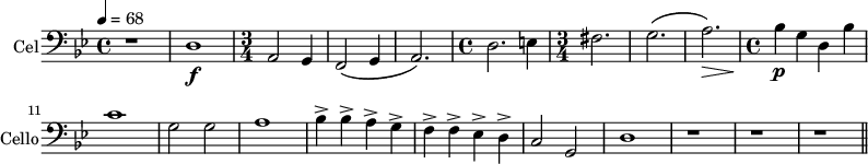 
\new Staff \with {
  midiInstrument = "cello"
  shortInstrumentName = #"Cello"
  instrumentName = #"Cel"
  } {
  \clef bass \relative c {  
   \time 4/4 \key bes \major \tempo 4 = 68 
        r1 d1  \f
   \time 3/4
        a2  g4
        f2 \( g4 
        a2. \)
   \time 4/4
    d2. e4
   \time 3/4  fis2. g2. \(  a2. \) \>
  \time 4/4
       bes4  \p \! g4 d4 bes'4
       c1  g2 g2 a1
       bes4 ^> bes ^> a^> g^>
       f4 ^> f ^>  ees  ^> d ^>
       c2 g2
           d'1    
      r1 r1 r1 \bar  "||" 
}}
