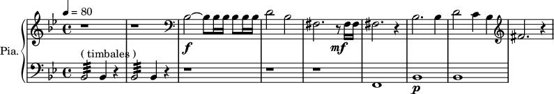 
\new PianoStaff \with { 
       instrumentName = #"Pia." 
       shortInstrumentName = #"P. "
       } 
 <<
      \new Staff \relative c'' { 
        \time 4/4 \key bes \major 
 \tempo 4 = 80
        r1 r 
        \clef bass
       bes,2~ \f bes8 bes16 bes16 bes8 bes16 bes16 
       d2 bes
       fis2. r8 \mf fis16 fis 
       fis2. r4
        bes2. bes4
       d2 c4 bes
  \clef G
       fis'2. r4
}
      \new Staff \relative c { 
        \clef bass
       \time 4/4 \key bes \major
             bes2:32 ^\markup "( timbales ) " bes4 r4
           bes2:32 bes4 r4
            r1 r1 r1
            f1
            bes1 \p
            bes1
}
>>
