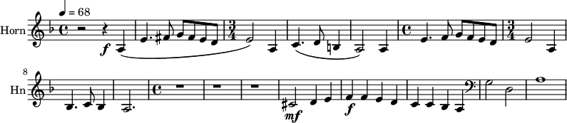
\new Staff \with {
  instrumentName = "Horn"
  shortInstrumentName = #"Hn"
  midiInstrument = "french horn"
 }
 \relative c' {
   \tempo 4=68
  \time 4/4 \key f \major 
 \transposition f
  r2 r4 \f a4 \(
  e'4. fis8 g fis e d
  \time 3/4 e2 \) a,4
  c4. \( d8 b4
  a2 \) a4
  \time 4/4 e'4. f8 g f e d
 \time 3/4 e2 a,4
  bes4. c8 bes4
  a2.

 \time 4/4 
  r1 r r
  cis2\mf d4 e
  f4\f f4 e4 d4
  c4 c4 bes4 a4
  \clef bass g2 d2 
  a'1
 } 
