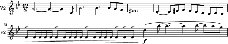 
\new Staff \with {
  midiInstrument = "violin"
  instrumentName = #"V2 "
  shortInstrumentName = #"v2 "
  } {
  \relative c'' {  
   \time 12/8 \key bes \major 
\set Score.currentBarNumber = #47
     a2.~ a4.~ a4 d,8
       bes'2. bes4. bes8 a g
     fis1.
     ees4.~ ees8 fis g fis ees d c d c
     d8^> \<  d16 d16 d16 d16  d8^> d16 d16 d16 d16  d8^> d16 d16 d16 d16  d8^>  d8^>  d8^>
     d'4 \! \f \( a'8~ a4.~ a4 bes8~bes a g \)
  }  }
