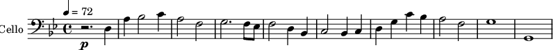
\new Staff \with {
  midiInstrument = "cello"
  shortInstrumentName = #"Cel. "
  instrumentName = #"Cello "
  } {
  \clef bass \relative c {  
   \time 4/4 \key bes \major \tempo 4 = 72 
   r2. \p d4
   a' bes2 c4
   a2  f2
   g2. f8 ees8
   f2 d4 bes4
   c2 bes4 c4
   d4 g c bes
  a2 f2
  g1
  g,1
 }
}
