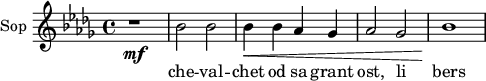 
\new Staff \with {
  midiInstrument = "voice oohs"
  instrumentName = #"Sop "
  shortInstrumentName = #"S "
  } {
  \relative c'' {  
   \key des \major
  r1 \mf
  bes2 bes
  bes4 \< bes aes ges
  aes2 ges
  bes1 \!
  }  }
 \addlyrics { 
    	che -- val -- chet od sa grant ost, li bers            
 }
