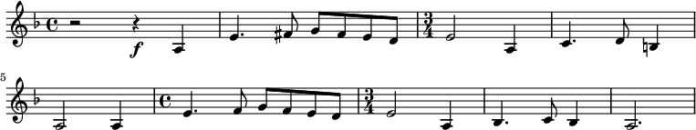 
\new Staff \with {
  midiInstrument = "french horn"
 }
 \relative c' {
   \time 4/4 \key f \major 
  \transposition f
  r2 r4 \f a4
  e'4. fis8 g fis e d
  \time 3/4 e2 a,4
  c4. d8 b4
  a2 a4
  \time 4/4 e'4. f8 g f e d
  \time 3/4 e2 a,4
  bes4. c8 bes4
  a2.
 } 
