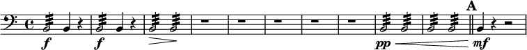 
\new Staff \with {
  midiInstrument = "timpani"
 }{
   \clef bass \relative c {  
  \time 4/4 
  b2:32 \f b4 r4
  b2:32 \f b4 r4
  b2:32 \> b2:32 \!
  r1 r1 r1 r1 r1
  b2:32 \pp \< b2:32
  b2:32 b2:32
 \bar "||" \mark \default
 b4 \mf \! r4 r2
  }
}
