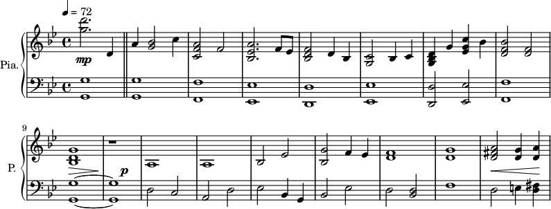 
\new PianoStaff \with { 
       instrumentName = #"Pia." 
       shortInstrumentName = #"P. "
       } 
 <<
      \new Staff \relative c'' { 
        \time 4/4 \key bes \major   \tempo 4 = 72
       <g' d'>2. d,4 
       \bar "||"
       a'4 <g bes>2 c4
       <c, f a>2 f2
       <bes, ees a>2. f'8 ees
       <bes d f>2 d4 bes
       <g c>2 bes4 c
       <g bes d>4 g'4 <ees g c>4 bes' 
       <d, f bes>2 <d f>
       <bes d g>1
       r1 
       a1
       a1
       bes2 ees
       <bes g'>2 f'4 ees
       <d f>1
      <d g>1
       <d fis a>2 <d g>4  <d a'>4
       }
      \new Dynamics = "Dynamics_pf" 
       {
         s1 \mp s s s s s s s s \> s2 \! s2 \p s1 s s s s s s8 \< s8 s2 s8 \! s8
       }
      \new Staff \relative c { 
        \clef bass
       \time 4/4 \key bes \major 
      <g g'>1
      <g g'>1
      <f f'>1
      <ees ees'>1
      <d d'>1
      <ees ees'>1
      <d d'>2  <ees ees'>2
      <f f'>1  
      <g g'>1~
      <g g'>1
      d'2 c
      a2 d 
      ees bes4 g
      bes2 ees
      d2 <bes d>
       f'1
       d2 e4 <d fis>4
       }
>>
