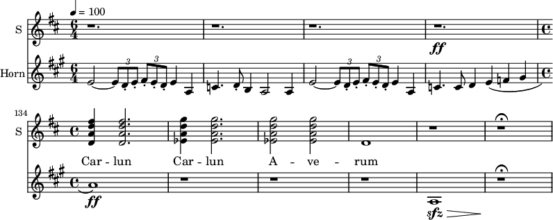 
<<
\new Staff \with {
  midiInstrument = "voice oohs"
  instrumentName = #"S "
  shortInstrumentName = #"S "
  } {
  \relative c' {  
   \time 6/4 \key d \major \tempo 4 = 100       
 \set Score.currentBarNumber = #130
  r1.r r r \ff
 \time 4/4
 <d a' d fis> 4 <d a' d fis>2.
 <ees a d g>4 <ees a d g>2.
 <ees a d g>2 <ees a d g>2
 d1
 r1
 r1 \fermata
}}
\addlyrics { 
       Car -- lun     Car -- lun  A -- ve -- rum
            }

\new Staff \with {
  midiInstrument = "french horn"
  instrumentName = #"Horn"
 }
 \relative c' {
   \tempo 4=132
  \time 6/4 \key a \major \clef G
 \set Score.currentBarNumber = #130
 \transposition f
    e2~ \tuplet 3/2 {e8 d _. e _.} \tuplet 3/2 {fis8 -. e _.  d _. } e4 a,4 
    c4. d8 _. b4 a2 a4
    e'2~ \tuplet 3/2 {e8 d _. e _.} \tuplet 3/2 {fis8 -. e _.  d _. } e4 a,4 
    c4. c8 d4 e \( f gis
  \time 4/4
    a1 \) \ff
    r1 r r
    a,1 \sfz \>
    r1 \! \fermata
 
 } 
>>
