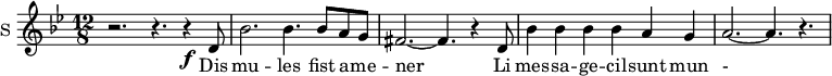 
\new Staff \with {
  midiInstrument = #"Flute"
  instrumentName = #"S "
  shortInstrumentName = #"S "
  } {
  \relative c' {  
   \time 12/8 \key bes \major 
   \set Score.currentBarNumber = #47
      r2. r4. r4 \f d8 
      bes'2. bes4. bes8 a g
      fis2.~ fis4. r4 d8
      bes'4 bes4 bes4 bes4 a4 g4
      a2.~ a4. r4.
  }  }
 \addlyrics { 
      Dis mu -- les fist a -- me -- ner
      Li mes  -- sa  --   ge -- cil -- sunt    mun    - tez
            }
