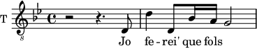 
\new Staff \with {
  midiInstrument = "violin"
  shortInstrumentName = #"T "
  instrumentName = #"T "
  } {
  \relative c {  
   \clef "treble_8"
   \time 4/4 \key bes \major 
        r2 r4. d8
        d'4 d,8 bes'16 a  g2
  }  }
 \addlyrics { 
             Jo fe -- rei' que fols
            }
