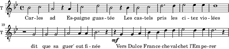 
\new Staff \with {
  midiInstrument = "violin"
  shortInstrumentName = #"T "
  instrumentName = #"T "
  } {
  \relative c' {  
   \clef "treble_8"
   \time 4/4 \key bes \major 
   \set Score.currentBarNumber = #11
        bes2 c
        a2 r4 a4
        c2 d2 
        bes2 r4 bes4
        bes2 c
        d2. d4
        ees2 ees4 ees4
        d1
        r2 g,2
        g2 g
        a2 a4 a
        bes2. r4
        r4 \mf g4 g a
        bes4 bes d d
        ees2 d4 ees
        d2. r4
  }  }
 \addlyrics { 
             Car -- les ad
             Es -- paigne guas -- tée
             Les cas -- tels pris les ci -- tez vio -- lées
             dit que sa guer' out fi -- née
 	    Vers Dul -- ce Fran -- ce che -- val -- chet l’Em -- pe -- rer
            }
