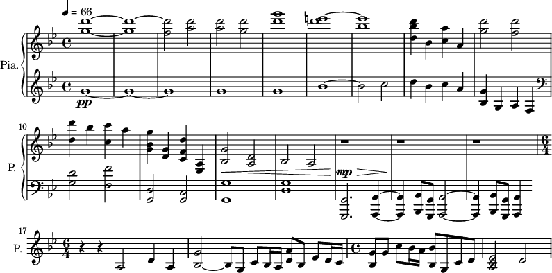 
\new PianoStaff \with { 
       instrumentName = #"Pia." 
       shortInstrumentName = #"P. "
       } 
 <<
      \new Staff \relative c'' { 
        \time 4/4 \key bes \major 
 \tempo 4 = 66
         <g' d'>1~ <g d'>1~ 
         <f d'>2 <a d>2
         <a d>2 <g d'>2
         <d' g>1
         <d e>1~
         <bes e>  
         <d, bes' d>4 bes <c a'> a
         <g' d'>2 <f d'>
         <d d'>4 bes' <c, c'> a'
         <g, bes g'>4 <d g> <c f d'> <a ees>
         <bes g'>2 <a d>
         <bes>2 a
         r1 r r
    \time 6/4
         r4 r a2 d4 a
         <bes g'>2~ bes8 g c8 bes16 a <d a'>8 bes ees8 d16 c
    \time 4/4
          <bes g'>8 g' c8 bes16 a <bes, bes'>8 g c d
          <a c ees>2 d2
}

 \new Dynamics = "Dynamics_pf" 
       {
         \time 4/4
           s1 
           s1 s s s s   s s s s s 
           s1 \< 
           s1
           s4 \! \mp \> s2.
           s1 \!
           s1
       }

  \new Staff \relative c'' { 
       \time 4/4 \key bes \major
       g1~ \pp
       g1~ 
       g1 
       g 
       g

       bes1~
       bes2 c
         d4 bes4 c a
         <bes, g'>4 g a f
      \clef bass
        <g d'>2  <f f'>
      <g, d'>2 <g c>  
      <g g'>1
      <d' g>
      <g,, g'>2. <a a'>4~ 
      <a a'>4 <bes bes'>8 <g g'> <a a'>2~
      <a a'>4 <bes bes'>8 <g g'>8 <a a'>4  
}
>>
