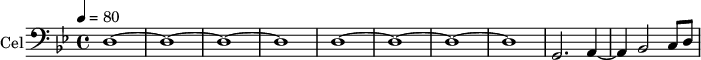 
\new Staff \with {
  midiInstrument = "cello"
  shortInstrumentName = #"Cello"
  instrumentName = #"Cel"
  } {
  \clef bass \relative c {  
   \time 4/4 \key bes \major \tempo 4 = 80
   d1~ d1~ d1~ d1 
   d1~ d1~ d1~ d1 
   g,2. a4~
   a4  bes2 c8 d8

}}
