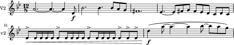 
\new Staff \with {
  midiInstrument = "violin"
  instrumentName = #"V2 "
  shortInstrumentName = #"v2 "
  } {
  \relative c'' {  
   \time 12/8 \key bes \major 
\set Score.currentBarNumber = #47
     a2.~ a4.~ a4 d,8 \f
       bes'2. bes4. bes8 a g
     fis1.
     ees4.~ ees8 fis g fis ees d c d c
     d8^> \<  d16 d16 d16 d16  d8^> d16 d16 d16 d16  d8^> d16 d16 d16 d16  d8^>  d8^>  d8^>
     d'4 \! \f \( a'8~ a4.~ a4 bes8~bes a g \)
  }  }
