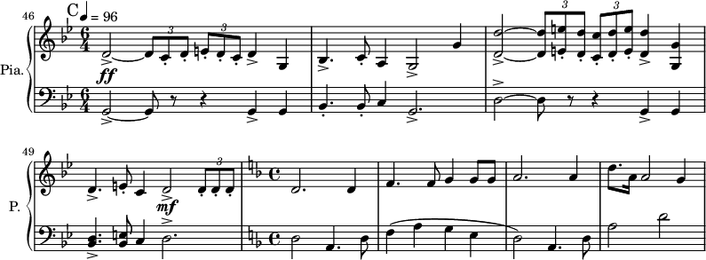 
\new PianoStaff \with { 
       instrumentName = #"Pia." 
       shortInstrumentName = #"P. "
       } 
 <<
      \new Staff \relative c { 
   \set Score.currentBarNumber = #46
        \time 6/4 \key bes \major 
 \tempo 4 = 96
      
  \bar "||" \mark C
    d'2~_> \tuplet 3/2  { d8 c_. d_. }  \tuplet 3/2  { e_. d_. c_. } d4_> g,
    bes4. _> c8_. a4 g2_> g'4  
    <d d' _> >2~ \tuplet 3/2 { <d  d'>8 <e e' _. > <d d' _.> } \tuplet 3/2 { <c _. c'>8 <d _.  d'  > <e _. e' > } <d _> d'>4 <g, g'>4
    d'4._> e8 _. c4 d2 _> \tuplet 3/2 {d8 _.  d _. d _.}  
 \time 4/4 \key f \major
      d2. d4
      f4. f8 g4 g8 g
      a2. a4
      d8. a16 a2 g4
}

 \new Dynamics = "Dynamics_pf" 
       {
        s1. \ff s
        s1. s2. s2. \mf
       }

      \new Staff \relative c, { 
        \clef bass
       \time 6/4 \key bes \major
       g'2~_> g8 r8 r4 g4_> g4
       bes4. _. bes8_. c4 g2._>
       d'2~ ^> d8 r8 r4 g,4 _> g4 
       <bes d>4. _> <bes e>8 c4 d2. ^>
    \time 4/4 \key f \major
        d2 a4. d8
        f4 \( a g e
        d2 \)  a4. d8
        a'2   d2~
}
>>
