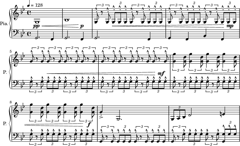 
\new PianoStaff \with { 
       instrumentName = #"Pia." 
       shortInstrumentName = #"P. "
       } 
 <<
      \new Staff \relative c' { 
        \time 4/4 \key bes \major   \tempo 4 = 128
        g1
        bes1
       \tuplet 3/2 {g8 ^.^^  r8 g8 ^.^^}    \tuplet 3/2 {g8 ^.^^  g8 ^.^^ g8 ^.^^} 
                      \tuplet 3/2 {g8 ^.^^  r8 g8 ^.^^}    \tuplet 3/2 {g8 ^.^^  g8 ^.^^ g8 ^.^^} 
       \tuplet 3/2 {g8 ^.^^  r8 g8 ^.^^}    \tuplet 3/2 {g8 ^.^^  g8 ^.^^ g8 ^.^^} 
                      \tuplet 3/2 {g8 ^.^^  r8 g8 ^.^^}    \tuplet 3/2 {g8 ^.^^  g8 ^.^^ g8 ^.^^} 
       \tuplet 3/2 {g'8 ^.^^  r8 g8 ^.^^}    \tuplet 3/2 {g8 ^.^^  r8 g8 ^.^^} 
                      \tuplet 3/2 {g8 ^.^^  r8 g8 ^.^^}    \tuplet 3/2 {g8 ^.^^  r8  g8 ^.^^} 
       \tuplet 3/2 {g8 ^.^^  r8 g8 ^.^^}    \tuplet 3/2 {g8 ^.^^  r8 g8 ^.^^} 
                      \tuplet 3/2 {g8 ^.^^  r8 g8 ^.^^}    \tuplet 3/2 {g8 ^.^^  r8 g8 ^.^^} 
       \tuplet 3/2 {<g g'>4 <g d'>8 } \tuplet 3/2 {<g g'>4 <g d'>8 }  \tuplet 3/2 {<g g'>4 <g d'>8 }    \tuplet 3/2 {<g g'>4 <g d'>8 } 
       \tuplet 3/2 {<g g'>4 <g d'>8 } \tuplet 3/2 {<g g'>4 <g d'>8 }  \tuplet 3/2 {<g g'>4 <g d'>8 }    \tuplet 3/2 {<g g'>4 <g d'>8 } 
        g4 _._> g,2.     
      \tuplet 3/2 {g8 a bes} d2 e4
       }
      \new Dynamics = "Dynamics_pf" 
       {
         s1 \pp \<
         s2 s4 s8 \! \p s8
         s4 s4 \< s2
         s2 s4 s8 \! s8 \mp
         s4 s4 \< s2
         s2 s4 s8 \! s8 \mf     
        s4 s4 \< s2
         s2 s4 s8 \! s8 \f     
       }
      \new Staff \relative c { 
        \clef bass
       \time 4/4 \key bes \major 
        g2. f4
        g2. f4
        g2. f4
        g4 f bes f
      \tuplet 3/2 {g'8 ^.^^  r8 g8 ^.^^}    \tuplet 3/2 {g8 ^.^^  g8 ^.^^ g8 ^.^^} 
                      \tuplet 3/2 {g8 ^.^^  r8 g8 ^.^^}    \tuplet 3/2 {g8 ^.^^  g8 ^.^^ g8 ^.^^} 
       \tuplet 3/2 {g8 ^.^^  r8 g8 ^.^^}    \tuplet 3/2 {g8 ^.^^  g8 ^.^^ g8 ^.^^} 
                      \tuplet 3/2 {g8 ^.^^  r8 g8 ^.^^}    \tuplet 3/2 {g8 ^.^^  g8 ^.^^ g8 ^.^^} 
     \tuplet 3/2 {g8 ^.^^  r8 g8 ^.^^}    \tuplet 3/2 {g8 ^.^^  g8 ^.^^ g8 ^.^^} 
                      \tuplet 3/2 {g8 ^.^^  r8 g8 ^.^^}    \tuplet 3/2 {g8 ^.^^  g8 ^.^^ g8 ^.^^} 
       \tuplet 3/2 {g8 ^.^^  r8 g8 ^.^^}    \tuplet 3/2 {g8 ^.^^  g8 ^.^^ g8 ^.^^} 
                      \tuplet 3/2 {g8 ^.^^  r8 g8 ^.^^}    \tuplet 3/2 {g8 ^.^^  g8 ^.^^ g8 ^.^^} 
       \tuplet 3/2 {g,8 ^.^^  r8 g8 ^.^^}    \tuplet 3/2 {g8 ^.^^  g8 ^.^^ g8 ^.^^} 
                      \tuplet 3/2 {g8 ^.^^  r8 g8 ^.^^}    \tuplet 3/2 {g8 ^.^^  g8 ^.^^ g8 ^.^^} 
      \tuplet 3/2 {g8 ^.^^  r8 g'8 ^.^^}    \tuplet 3/2 {g8 ^.^^  g8 ^.^^ g8 ^.^^} 
                      \tuplet 3/2 {g8 ^.^^  r8 g8 ^.^^}    \tuplet 3/2 {<g, g'> ^.^^  g'8 ^.^^ g8 ^.^^} 

       }
>>
