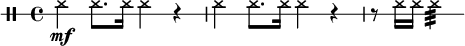 
\new DrumStaff
 \with{

  drumStyleTable = #"percussion-style"
      \override StaffSymbol.line-count = #1
 }
\drummode { 
    \time 4/4
\set Score.currentBarNumber = #11
 
   \time 4/4
    hh4 \mf hh8. hh16 hh4 r4
    hh4 hh8. hh16 hh4 r4
    r8 hh16 hh hh 4:32

    
}
