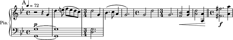 
\new PianoStaff \with { 
       instrumentName = #"Pia." 
       shortInstrumentName = #"P. "
       } 
 <<
      \new Staff \relative c''{ 
        \time 4/4 \key bes \major   \tempo 4 = 72
      \bar "||" \mark A
        r2 r4 g4
        d'4. e8 \( f e d c \)
     \time 3/4
        d2 g,4
        bes4. \( c8 a4
        g2. \)
     \time 4/4
        g2 d'2
     \time 3/4
        g,2.
        <f bes>2 <g c>4
        <a d>2    <a, a'>4
    \bar "||" \time 4/4
         <fis' fis'>2.  <a a'>4
       }

 \new Dynamics = "Dynamics_pf" 
       {
        s1 \p   s1
        s2. s s 
        s1
        s2.
         s2. \< s2.
     \bar "||"
         s1 \f \!
       }

      \new Staff \relative c' { 
        \clef bass
       \time 4/4 \key bes \major 
       <g, g'>1~
       <g g'>1
     \time 3/4
       <d' g>2.
       }
>>
