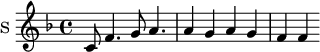 \new Staff \with {
midiInstrument = "voice oohs"
instrumentName = #"S "
shortInstrumentName = #"S "
} {
\relative c' {
\time 4/4 \key f \major
c8 f4. g8 a4.
a4 g a g
f f
}
}