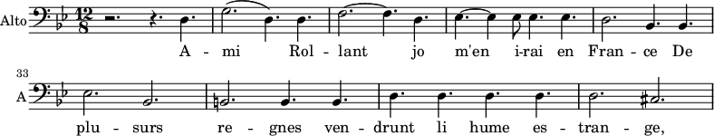 
\new Staff \with {
  midiInstrument = "choir aahs"
  shortInstrumentName = #"A"
  instrumentName = #"Alto"
  } {
  \clef bass  \relative c {  
   \time 12/8 \key bes \major 
    \set Score.currentBarNumber = #28
   r2. r4. d4.
   g2. ( d4. ) d4.
   f2.~ f4. d4.
   ees4.~ ees4 ees8 ees4. ees4.
   d2. bes4. bes4.
   ees2. bes2.    
   b2.  b4. b4.
   d4. d4. d4. d4.
   d2. cis2. 

        
  }  }
 \addlyrics { 
               A -- mi Rol -- lant jo m'en i -- rai en Fran -- ce
               De plu -- surs re -- gnes ven -- drunt li hume es -- tran -- ge, 
            }

