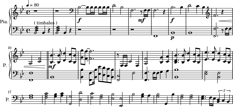 
\new PianoStaff \with { 
       instrumentName = #"Pia." 
       shortInstrumentName = #"P. "
       } 
 <<
      \new Staff \relative c'' { 
        \time 4/4 \key bes \major 
 \tempo 4 = 80
        r1 r 
        \clef bass
       bes,2~ \f bes8 bes16 bes16 bes8 bes16 bes16 
       d2 bes
       f2. r8 \mf f16 f
       f2. r4
        bes2. \f bes4
       d2 c4 bes
  \clef G
       f'2. r4
       a,2 <c f>2
  \bar "||"
       <bes bes'>4. <bes bes'>8 <d d'>4 <c c'>8 <bes bes'>8
       <g' g'>8 <f f'>8~ <f f'>2.
       r8 f,16 f c'2 f,4
       <a f'>2  <bes g'>4 <c a'>4
       <bes d bes'>4. <bes bes'>8 <d d'>4 <c c'>8 <bes bes'>8
       <ees ees'>4. <ees ees'>8 <d d'>4 <c c'>8 <bes bes'>
}

 \new Dynamics = "Dynamics_pf" 
       {
        s1 s s s s s s s
        s2 s4 \< s4
        s1
        s4 \! \mf s2.
        s1 s s s s
       }

      \new Staff \relative c { 
        \clef bass
       \time 4/4 \key bes \major
             bes2:32 ^\markup "( timbales ) " bes4 r4
           bes2:32 bes4 r4
            r1 r1 r1
            f1
            bes1 \p
            bes1
            <f f'>2. r8 f'16 f
            <f, f'>1
      \bar "||"
            bes1
            <bes bes'>4 <f f'>8. <bes bes'>16 <ees ees'>8 <d d'> <c c'> <bes bes'>
            <f c'>2 f'2
            <f, f'>4. f'16 f g4 a
            <bes, bes'>1
            <ees g>2 <bes f'>
            <f' a>1
            <f a c>2 <g bes>4 <a c>4
            <g, g'>2 <d' d'>2
            <f c'>2 <f a>
            <ees bes'>2 <ees, ees'>
            bes''2 <g bes>4 a
            <g bes>2 g,4 bes'
            <f a>2 <f a> 
            <ees g>4. f16 ees \tuplet 3/2 { <bes d>4 c bes}
}
>>
