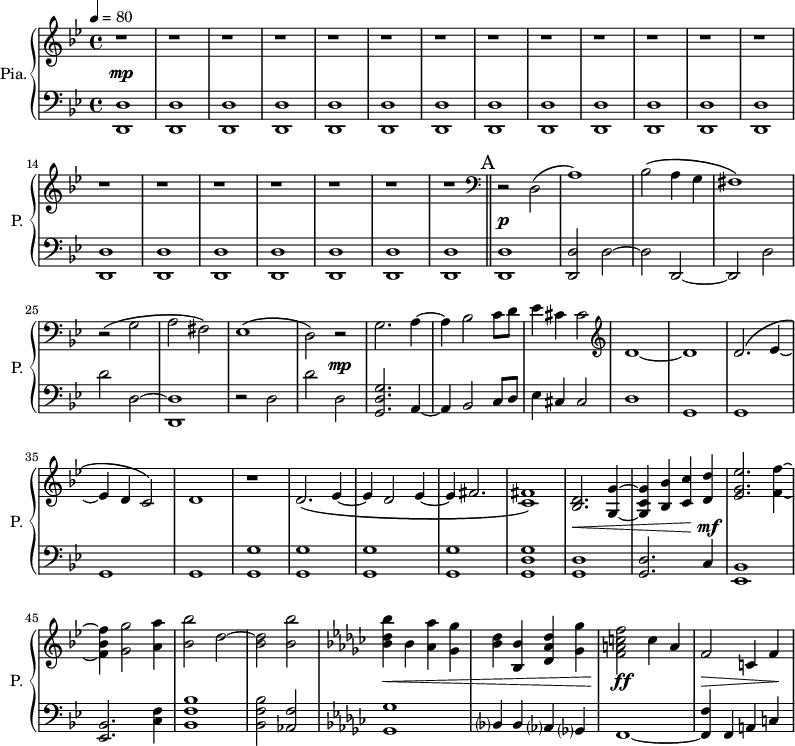 
\new PianoStaff \with { 
       instrumentName = #"Pia." 
       shortInstrumentName = #"P. "
       } 
 <<
      \new Staff \relative c { 
        \time 4/4 \key bes \major 
 \tempo 4 = 80
       
       \repeat unfold 20 { r1}

 \bar "||" \mark A
  \clef bass
  r2 d2 \(
  a'1\)
  bes2 \( a4 g 
  fis1 \)
  r2 \( g2
  a2 fis \)
  ees1 \( 
  d2 \) r2 
  g2. a4~
  a4 bes2 c8 d
  ees4 cis cis2
 \clef G
  d1~
  d1
  d2. ^\(  ees4~
  ees4 d c2 ^\)
  d1
  r1
  d2. \( ees4~
  ees4 d2 ees4~
  ees4 fis2. 
  <c fis>1 \)
  <bes d>2. <g g'>4~
  <g c g'>4 <bes bes'>4 <c c'>  <d d'>
  <ees g ees'>2. <f f'>4~
    % mesures 45 à 51
           <f bes f'>4 <g g'>2 <a a'>4
           <bes bes'>2 d~
           <bes d>2  <bes bes'>
   \key ees \minor
           <bes des bes'>4 bes <aes aes'>4  <ges ges'>4 
           <bes des>4 <bes, bes'>4  <des aes' des>4 <ges ges'>4
           <f a c f>2 c'4 a
           f2 c4 f


}
 \new Dynamics = "Dynamics_pf" 
       {
         s4 \mp s4 s2 \repeat unfold 19 { s1 }
         
         s1 \p \repeat unfold 6 {s1} s2 s2 \mp
         \repeat unfold 13 {s1} s4 \< s2. s2. s4 \! \mf s1

        s1 s1 s1 s4 \< s2. s1 
         s2 \ff \! s2
         s8 \> s8 s2 s4 \!
       }

 \new Staff \relative c { 
        \clef bass
       \time 4/4 \key bes \major

       <d, d'>1  \repeat unfold 19 { <d d'>1}

 <d d'>1
    <d d'>2 d'2~
    d2 d,2~
    d2 d'2
    d'2 d,2~
    <d, d'>1
    r2 d'2
    d'2 d,2
    <g, d' g>2. a4~
    a4 bes2 c8 d
    ees4 cis cis2
    d1
    g,1
    g1
    g1
    g1
    <g g'>1
    <g g'>1
    <g g'>1
    <g g'>1
    <g d' g>1
    <g d'>1
    <g d'>2.
    c4 
    <ees, bes'>1

        <ees bes'>2. <c' f>4
         <bes f' bes>1
         <bes f' bes>2 <aes f'>
      \key ees \minor
         <ges ges'>1
         bes?4 bes aes? ges?
         f1~
         <f f'>4 f a c

}
>>
