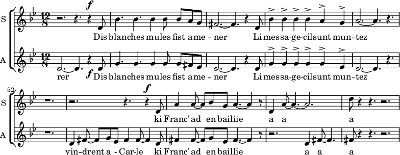 
<<
\new ChoirStaff <<
\new Staff \with {
  midiInstrument = #"Flute"
  instrumentName = #"S "
  shortInstrumentName = #"S "
  } {
  \relative c' {  
   \time 12/8 \key bes \major 
   \set Score.currentBarNumber = #47
      r2. r4. r4 ^\f d8 
      bes'4. bes4. bes4 bes8 bes8 a g
      fis2.~ fis4. r4 d8
      bes'4^> bes4^> bes4^> bes4^> a4^> g4^>
      a2.~ a4. r4.
      r1.
      r2. r4. r4 ^\f d,8
      a'4 a8~ a8 bes8 g8 a4.~ a4 r8
       d,4  a'8~ a4.~ a2.
      d8 r4 r4. r2.
  }  }
 \addlyrics { 
      Dis blan -- ches mu -- les fist a -- me -- ner
      Li mes  -- sa  --   ge -- cil -- sunt    mun  -- tez
      ki Franc' ad en bail -- iie
     a a a
            }

\new Staff \with {
  midiInstrument = #"Flute"
  instrumentName = #"A "
  shortInstrumentName = #"A "
  } {
  \relative c' {  
   \time 12/8 \key bes \major 
   \set Score.currentBarNumber = #47
      d2.~ d4. r4 \f d8 
      g4. g4. g4 g8 g8 fis ees
      d2.~ d4. r4 d8
      g4^> g4^> g4^> g4^> g4^> ees4^>
      d2.~ d4. r4.
      r1.
      d4 fis8~ fis g ees fis4 fis8~ fis4 d8
      fis4 fis8~fis g ees fis4.~ fis4 r8
      r2. d4 fis8~ fis4.
      fis8 r4 r4. r2.
  }  }
 \addlyrics { 
     rer
      Dis blan -- ches  mu -- les fist a -- me -- ner
      Li mes  -- sa  --   ge -- cil -- sunt    mun  -- tez
      vin -- drent a -  Car -- le ki Franc' ad en bail -- lie 
     a a a
            }
>>
>>
