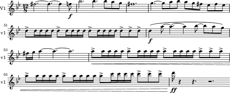 
\new Staff \with {
  midiInstrument = "violin"
  instrumentName = #"V1 "
  shortInstrumentName = #"v1 "
  } {
  \relative c'' {  
   \time 12/8 \key bes \major 
\set Score.currentBarNumber = #47
     fis2.~ fis4.~ fis4 f8 \f
     bes2. bes4. bes8 a g
     fis1.
     g4.~ g8 a bes a g fis ees fis ees
     d8^> d16 d16 d16 d16  d8^> d16 d16 d16 d16  d8^> d16 d16 d16 d16  d8^>  d8^>  d8^>
     d4 \f \( a'8~ a4.~ a4 bes8~bes a g \)
     fis16 g a4~ a4.~ a2.
     a8^> \< a16 a16 a16 a16 a8^> a16 a16 a16 a16 a8^> a16 a16 a16 a16 a8^> a8^> a8^>
     a8^> a16 a16 a16 a16 a8^> a16 a16 a16 a16 a8^> c16 c16 c16 c16 c8^> c8^> c8^>
     d16 \! \ff r4 r4. r2.
  }  }

