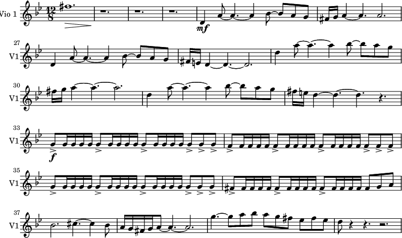 
\new Staff \with {
  midiInstrument = "violin"
  instrumentName = #"Vio 1 "
  shortInstrumentName = #"V1"
  } {
  \relative c'' {  
   \time 12/8 \key bes \major 
    \set Score.currentBarNumber = #21
        fis1.  \>
        r1. \!
        r1. r 
        d,4 \mf a'8~ a4.~ a4 bes8~ bes a g
        fis16 g a4~ a4. a2.
        d,4 a'8~ a4.~ a4 bes8~ bes a g
        fis16 e d4~ d4.~ d2.
        d'4 a'8~ a4.~ a4 bes8~ bes a g

        fis16 g a4~ a4.~ a2.
        d,4 a'8~ a4.~ a4 bes8~ bes a g
        fis16 e d4~ d4.~ d4.~ r4. 
      g,8_> \f g16 g16 g16 g16  g8 _> g16 g16 g16 g16  g8 _> g16 g16 g16 g16   g8 _>  g8 _>  g8 _>

      f8_>  f16 f16 f16 f16  f8 _> f16 f16 f16 f16  f8 _> f16 f16 f16 f16   f8 _>  f8 _>  f8 _>
      g8_>  g16 g16 g16 g16  g8 _> g16 g16 g16 g16  g8 _> g16 g16 g16 g16   g8 _>  g8 _>  g8 _>
      fis8_>  fis16 fis16 fis16 fis16  fis8 _> fis16 fis16 fis16 fis16  fis8 _> fis16 fis16 fis16 fis16   fis8  g8   a8 
      bes2.  cis4.~ cis4 bes8

      a16 g fis g a8~ a4.~ a2.
      g'4.~ g8 a bes a g fis ees fis ees
      d8 r4 r4. r2.
  }  }

