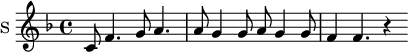 \new Staff \with {
midiInstrument = "voice oohs"
instrumentName = #"S "
shortInstrumentName = #"S "
} {
\relative c' {
\time 4/4 \key f \major
c8 f4. g8 a4.
a8 g4 g8 a8 g4 g8
f4 f4. r4
}
}