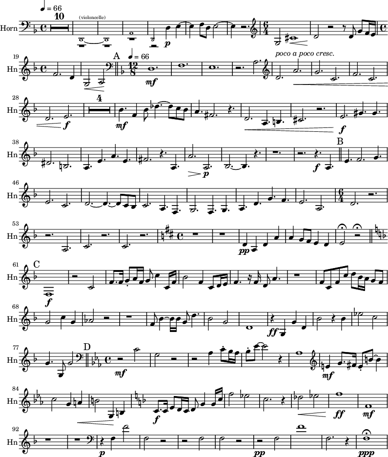 
\new Staff \with {
  midiInstrument = "french horn"
  instrumentName = "Horn"
  shortInstrumentName = #"Hn"
 }
 \relative c {
   \tempo 4=66
\clef bass
  \time 4/4 \key f \major 
 \transposition f
 \compressFullBarRests
 \override MultiMeasureRest.expand-limit = #1
 R1*10
    <<
  { r1 r1 r1 r2}
  
  { \new CueVoice  {
     d,1~^"(violoncelle)" d1
     a'1 d,2
  }
  }
  >>
  
   d'4 \p e~
  e4 f8 [d] e2~
  e4  r2.
  
 \time 6/4 \clef G
  g2 cis1 \<
  d2 \! r2 r8 d8 g8 f16 e

 \time 4/4 
   f2. d4
   g,2 \< a2 \!

  \bar "||" \mark A
   \tempo 4=66
  \time 12/8 \key f \major 
  \clef bass
  \set Score.currentBarNumber = #21
  d,1. \mf
  f1.
  e1.
  r2. a2.
  \clef G
  d2. ^\markup { \italic { poco a poco cresc. } } a'2. _\<
  g2. c,2.
  f2. c2.
  d2. e2.  \f
  
  R1.*4 \!
  bes'4. \mf f4 bes8 des4.~ des8 c bes
  a4. fis2. r4.
  d2. \< a4. b4.
  cis2. r2.

  e2. \f gis4. gis4.
  dis2. b
  a4. e'4. a4. e4.
  fis2. r4. a,4.
  a'2. \>  a,2. \! \p

 bes2.~ bes4. r4.
  r1.
  r2. r4. \f a4.
  \bar "||" \mark B
  e'4. f2. g4.


  e2. c2.
  d2.~ d4.~ d8 c bes
  c2. a4. f4.
  g2.  f4. g4.
  a4.  d4.  g4.  f4.
  e2. a,2. 
  \time 6/4
  d2. r2.
  r2. a2.
  c2. r2.
  c2. r2.
  \key d \major \time 4/4
  r1 r
  d4 \pp a4 d a'4
  a4 g8 fis e4 d
  e2 \fermata r2\fermata

 \bar "||" \mark C \key f \major 
  f,1 \f
  r2 c'2
  f8. f16 g8 _. a16 f g8 c4 c,16 f
  bes2 f4 c8 d16 e
  f4. r16 f d8 a'4.
  r1
  f8 c f c' d8 bes16 a g8 f
  g2 c4 g
  aes2 r2
  r1
  f8 bes4~ bes16 bes g8 d'4.
  bes2 g2
  d1
  r4 \ff  g, g' d
  bes'2 r4 bes
  ees2 c
  g4. g,8 g'2


  \bar "||" \mark D \clef bass
  \time 4/4 \key ees \major 
  r2 \mf c,2
  g2 r2
  r2 aes4 c8^. bes16 aes
  bes8^. ees8~ ees2 r4
  aes,1 

  \clef G
  e'4 \mf g8. fis16 e8_. b'8~ b4
  c2  g4 a \<
  b2
  g,4 \! b
  
 \key f \major
  c8. \f c16 e8 d16 c d8 g4 g16 c16
  f2 ees
  c2. r4 
  des2 \< ees2
  f1 \ff \!
  f,1 \mf
  r1 r
  \clef bass
  r4 \p f,4  f'2
  f,2 r2
  r2 f2 
  f2 r2
  r2 \pp f2
  f'1
  f,2. r4
  f1 \ppp \fermata

 } 
