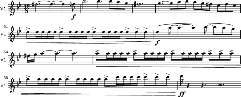 
\new Staff \with {
  midiInstrument = "violin"
  instrumentName = #"V1 "
  shortInstrumentName = #"v1 "
  } {
  \relative c'' {  
   \time 12/8 \key bes \major 
\set Score.currentBarNumber = #47
     fis2.~ fis4.~ fis4 f8 \f
     bes2. bes4. bes8 a g
     fis1.
     g4.~ g8 a bes a g fis ees fis ees
     d8^> \<  d16 d16 d16 d16  d8^> d16 d16 d16 d16  d8^> d16 d16 d16 d16  d8^>  d8^>  d8^>
     d4 \! \f \( a'8~ a4.~ a4 bes8~bes a g \)
     fis16 g a4~ a4.~ a2.
     a8^> \< a16 a16 a16 a16 a8^> a16 a16 a16 a16 a8^> a16 a16 a16 a16 a8^> a8^> a8^>
     a8^> a16 a16 a16 a16 a8^> a16 a16 a16 a16 a8^> c16 c16 c16 c16 c8^> c8^> c8^>
     d16 \! \ff r4 r4. r2.
  }  }
