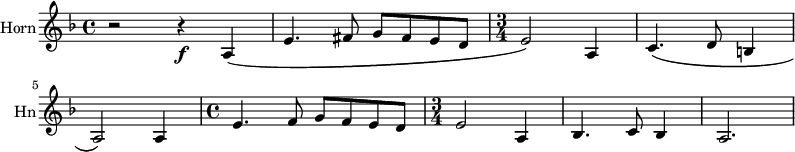 \new Staff \with {
midiInstrument = "french horn"
instrumentName = "Horn"
shortInstrumentName = #"Hn"
}
\relative c' {
\time 4/4 \key f \major
\transposition f
r2 r4 \f a4 \(
e'4. fis8 g fis e d
\time 3/4 e2 \) a,4
c4. \( d8 b4
a2 \) a4
\time 4/4 e'4. f8 g f e d
\time 3/4 e2 a,4
bes4. c8 bes4
a2.
}