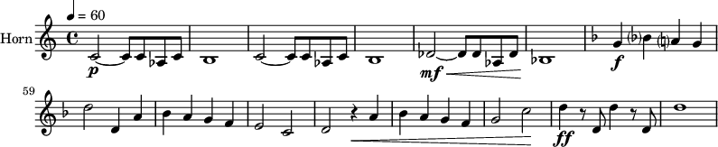 
\new Staff \with {
  midiInstrument = "french horn"
  instrumentName = #"Horn"
 }
 \relative c' {
   \tempo 4=60
  \time 4/4 \key c \major   \clef G
 \transposition f
\set Score.currentBarNumber = #52
    c2~ \p c8 c aes c
    b1
    c2~ c8 c aes c
    b1
    des2~ \mf \< des8 des aes des
    bes1 \!
  \key f \major
    g'4 \f bes? a? g
    d'2 d,4 a'
    bes4 a g f
    e2 c2
    d2 r4 \< a'
    bes4 a g f
    g2 c2 \!
    d4 \ff r8 d, d'4 r8 d,
    d'1
 } 
