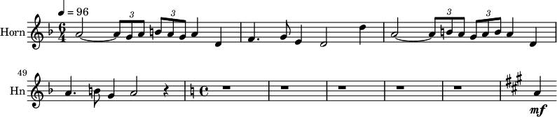 
\new Staff \with {
  instrumentName = "Horn"
  shortInstrumentName = #"Hn"
  midiInstrument = "french horn"
 }
 \relative c'' {
   \tempo 4=96
  \time 6/4 \key f \major 
  \set Score.currentBarNumber = #46
 \transposition f
  a2~ \tuplet 3/2 { a8 g a } \tuplet 3/2 { b8 a g } a4 d,4 
  f4. g8 e4 d2 d'4
  a2~ \tuplet 3/2 { a8 b a } \tuplet 3/2 { g8 a b } a4 d,4 
  a'4. b8 g4 a2 r4
  \time 4/4 \key c \major 
  r1 r r r r
 \key a \major 
  a4 \mf
 } 
