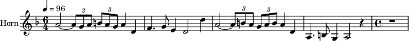 
\new Staff \with {
  instrumentName = "Horn"
  shortInstrumentName = #"Hn"
  midiInstrument = "french horn"
 }
 \relative c'' {
   \tempo 4=96
  \time 6/4 \key f \major 
  \set Score.currentBarNumber = #46
 \transposition f
  a2~ \tuplet 3/2 { a8 g a } \tuplet 3/2 { b8 a g } a4 d,4 
  f4. g8 e4 d2 d'4
  a2~ \tuplet 3/2 { a8 b a } \tuplet 3/2 { g8 a b } a4 d,4 
  a4. b8 g4 a2 r4
  \time 4/4
  r1
 } 
