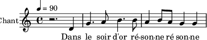 
\new Staff \with {
midiInstrument = "voice oohs" 
  instrumentName = #"Chant"
  shortInstrumentName = #"C"
  } {
   \relative c' {  
   \tempo 4=90
   \time 4/4 
    r2. d4
    g4. a8 b4. b8
    a4   b8  a8 g4 g4
  }
\addlyrics { 
  Dans le soir d'or ré -- son -- ne ré son -- ne
 }
}
