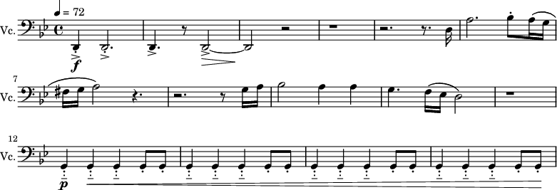 
\new Staff \with {
  midiInstrument = "Cello"
  shortInstrumentName = #"Vc."
  instrumentName = #"Vc."
  } {
  \clef bass \relative c, {  
   \time 4/4 \key bes \major \tempo 4 = 72 
     d4 _._> \f d2. _._>
     d4. _> r8 d2~ _> \>
     d2 \! r2
     r1
     r2. r8. d'16
     a'2. bes8 ^. a16 \( g 
     fis16 g a2 \) r4.
     r2. r8 g16 a
     bes2 a4 a
     g4. f16 \( ees d2 \)
     r1
     g,4 _.__ \p   g4 _.__  \< g4 _.__  g8 _. g8 _.
     g4 _.__    g4 _.__   g4 _.__  g8 _. g8 _.
     g4 _.__    g4 _.__   g4 _.__  g8 _. g8 _.
     g4 _.__    g4 _.__   g4 _.__  g8 _. g8 _. \!
}}
