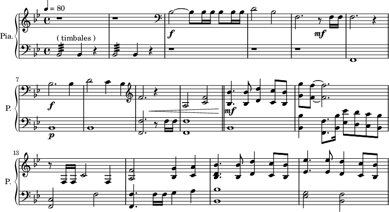 
\new PianoStaff \with { 
       instrumentName = #"Pia." 
       shortInstrumentName = #"P. "
       } 
 <<
      \new Staff \relative c'' { 
        \time 4/4 \key bes \major 
 \tempo 4 = 80
        r1 r 
        \clef bass
       bes,2~ \f bes8 bes16 bes16 bes8 bes16 bes16 
       d2 bes
       f2. r8 \mf f16 f
       f2. r4
        bes2. \f bes4
       d2 c4 bes
  \clef G
       f'2. r4
       a,2 <c f>2
  \bar "||"
       <bes bes'>4. <bes bes'>8 <d d'>4 <c c'>8 <bes bes'>8
       <g' g'>8 <f f'>8~ <f f'>2.
       r8 f,16 f c'2 f,4
       <a f'>2  <bes g'>4 <c a'>4
       <bes d bes'>4. <bes bes'>8 <d d'>4 <c c'>8 <bes bes'>8
       <ees ees'>4. <ees ees'>8 <d d'>4 <c c'>8 <bes bes'>
}

 \new Dynamics = "Dynamics_pf" 
       {
        s1 s s s s s s s
        s2 s4 \< s4
        s1
        s4 \! \mf s2.
        s1 s s s s
       }

      \new Staff \relative c { 
        \clef bass
       \time 4/4 \key bes \major
             bes2:32 ^\markup "( timbales ) " bes4 r4
           bes2:32 bes4 r4
            r1 r1 r1
            f1
            bes1 \p
            bes1
            <f f'>2. r8 f'16 f
            <f, f'>1
      \bar "||"
            bes1
            <bes bes'>4 <f f'>8. <bes bes'>16 <ees ees'>8 <d d'> <c c'> <bes bes'>
            <f c'>2 f'2
            <f, f'>4. f'16 f g4 a
            <bes, bes'>1
            <ees g>2 <bes f'>
}
>>
