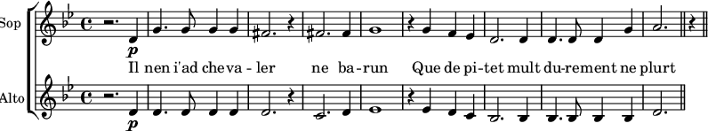 <<
\new ChoirStaff <<
\new Staff \with {
midiInstrument = "voice oohs"
instrumentName = #"Sop "
shortInstrumentName = #"S "
} {
\relative c' {
\key bes \major
r2. \) d4 \p
g4. g8 g4 g
fis2. r4
fis2. fis4
g1
r4 g f ees
d2. d4
d4. d8 d4 g
a2. r4
\bar "||"
} }
\addlyrics {
Il nen i'ad che -- va -- ler ne ba -- run
Que de pi -- tet mult du -- re -- ment ne plurt
}
\new Staff \with {
midiInstrument = "voice oohs"
instrumentName = #"Alto"
shortInstrumentName = #"A"
} {
\relative c' {
\key bes \major
r2. d4 \p
d4. d8 d4 d
d2. r4
c2. d4
ees1
r4 ees d c
bes2. bes4
bes4. bes8 bes4 bes
d2.
\bar "||"
} }
>>
>>