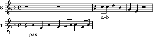 
<<
\new Staff \with {
  midiInstrument = #"Flute"
  instrumentName = #"S "
  shortInstrumentName = #"S "
  } {
  \relative c'' {  
   \time 4/4 \key f \major 
        r1 r
        r4 c8 c d4 bes
        g4 e r2
  }  }
 \addlyrics { 
              a -- b
            }

\new Staff \with {
  midiInstrument = "trumpet"
  shortInstrumentName = #"T "
  instrumentName = #"T "
  } {
  \relative c' {  
   \clef "treble_8"
   \time 4/4 \key f \major 
        r4 bes4 f bes4
        g a8 bes c4 g8 bes
  }  }
 \addlyrics { 
              pas
            }
>>
