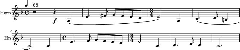 
\new Staff \with {
  instrumentName = "Horn"
  shortInstrumentName = #"Hn"
  midiInstrument = "french horn"
 }
 \relative c' {
   \tempo 4=68
  \time 4/4 \key f \major 
 \transposition f
  r2 r4 \f a4 \(
  e'4. fis8 g fis e d
  \time 3/4 e2 \) a,4
  c4. \( d8 b4
  a2 \) a4
  \time 4/4 e'4. f8 g f e d
 \time 3/4 e2 a,4
  bes4. c8 bes4
  a2.
  
 } 
