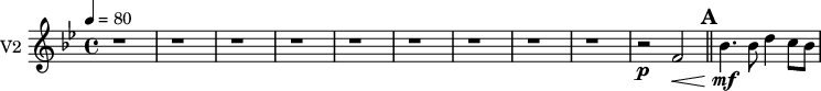 
\new Staff \with {
  midiInstrument = "violin"
  instrumentName = #"V2 "
  shortInstrumentName = #"v2"
  } {
  \relative c' {  
   \time 4/4 \key bes \major \tempo 4=80
     r1 r r r 
    r1 r r r r
       r2 \p f2 \<
 \bar "||" \mark \default
       bes4. \! \mf bes8 d4 c8 bes
  }  }

