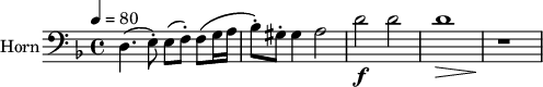 
<<

\new Staff \with {
  instrumentName = "Horn"
  shortInstrumentName = #"Hn"
  midiInstrument = "french horn"
 }
 \relative c' {
   \tempo 4=80
  \time 4/4 \key f \major 
  \set Score.currentBarNumber = #67
 \transposition f
  \clef bass   
      d,4. ( e8 ^. ) e8 ( f ^. )  f8 \( g16 a
      bes8 ^. \) gis8 ^. gis4 a2
      d2 \f d
      d1 \>
      r1 \!
      
 }
>> 
